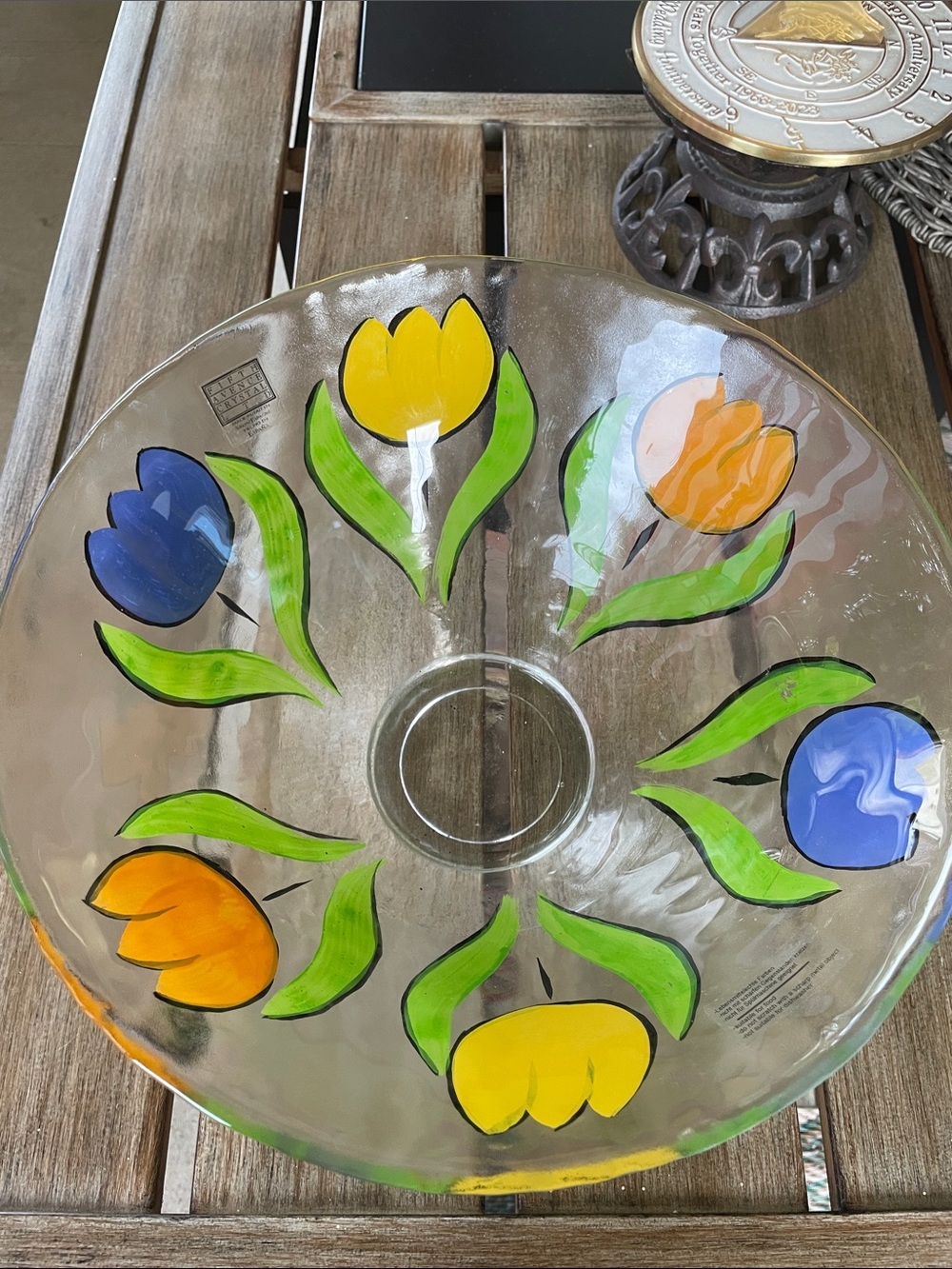NWT Fifth Ave Crystal Ltd. Hand-Painted Glass Tulip Serving Bowl - 12” Across
